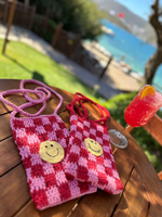 Damalı Kırmızı Pembe El Örgüsü Çanta